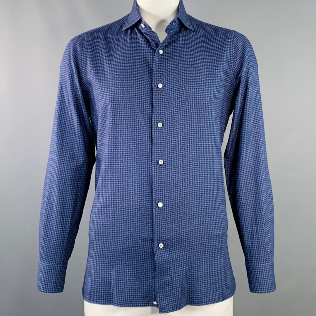 ISAIA Size L Navy Black Houndstooth Cotton Spread Collar Long Sleeve Shirt