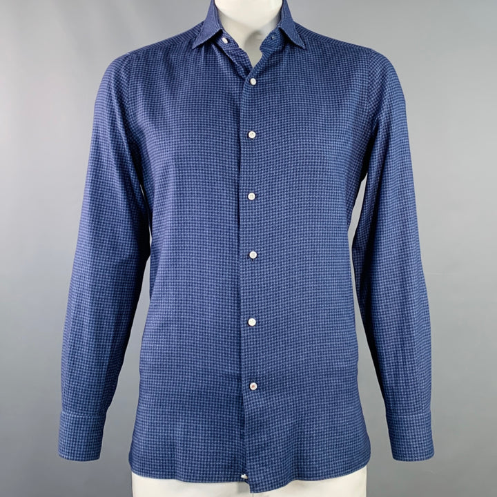ISAIA Size L Navy Black Houndstooth Cotton Spread Collar Long Sleeve Shirt
