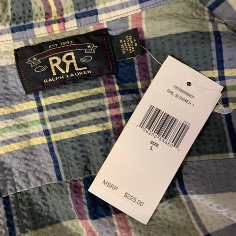 RRL by RALPH LAUREN Size L Blue Green Plaid Cotton Seersucker Camp Short Sleeve Shirt