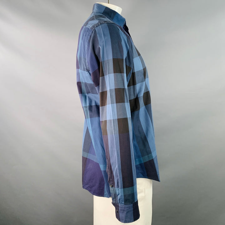 BURBERRY BRIT Size L Blue Navy Plaid Cotton One Pocket Long Sleeve Shirt