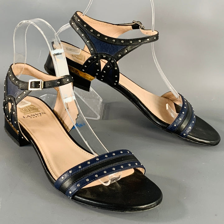 LANVIN Size 8.5 Navy Black Leather Studded Ankle Strap Sandals