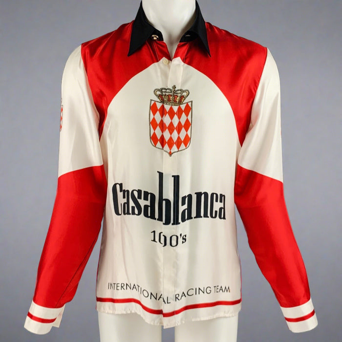 CASABLANCA Size S AW21 Red Black White Logo Silk Hidden Buttons Long Sleeve Shirt