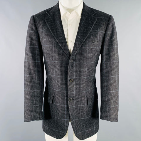 KITON Size 40 Grey Blue Window Pane Cashmere Notch Lapel Sport Coat