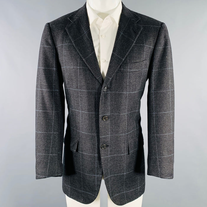 KITON Size 40 Grey Blue Window Pane Cashmere Notch Lapel Sport Coat