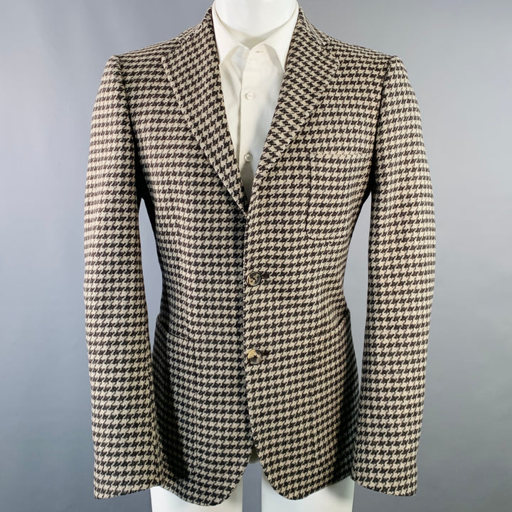 BALLY Size 40 Brown Taupe Houndstooth Wool Blend Notch Lapel Sport Coat