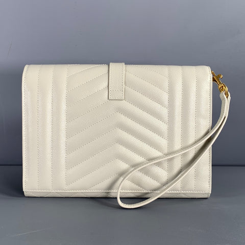 SAINT LAURENT Cream Gold Quilted Leather Clutch Handbag
