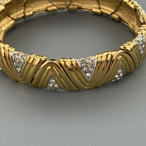 Vintage Gold Tone Metal Rhinestones Textured Open Cuff Bracelet