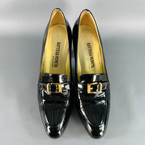 BOTTEGA VENETA Size 9 Black Gold Patent Leather Buckle Pumps