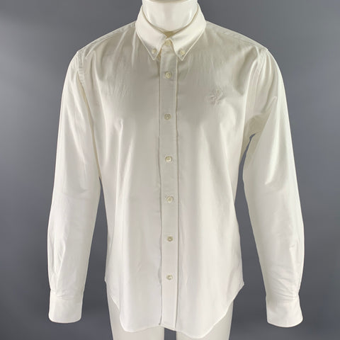 AMI Size M White Embroidery Cotton Button Down Oxford Long Sleeve Shirt