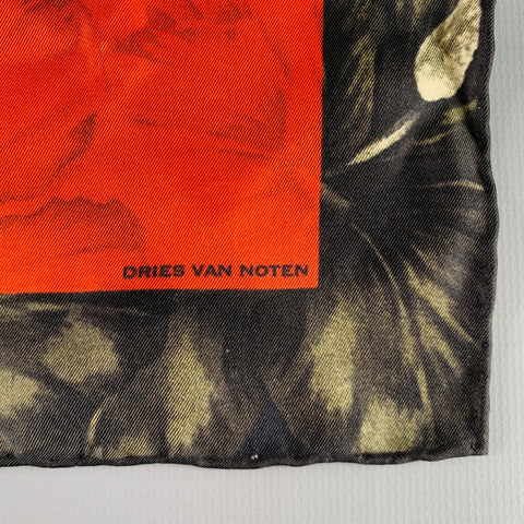 DRIES VAN NOTEN Red Black Tropical Floral Silk Pocket Square