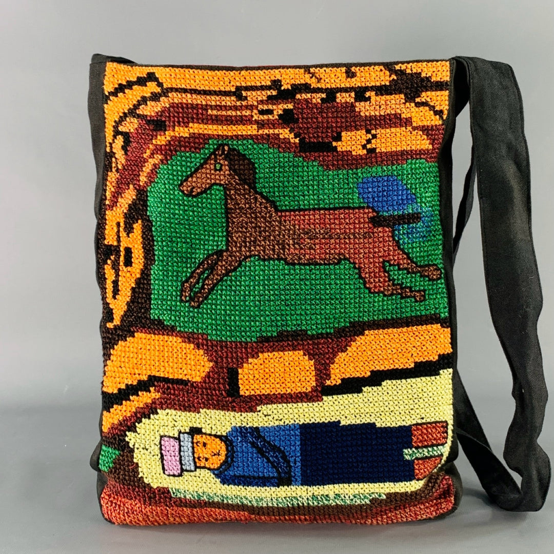 WALTER VAN BEIRENDONCK SS14 Budapest Black Multi Color Embroidered Cotton Crossbody Bag