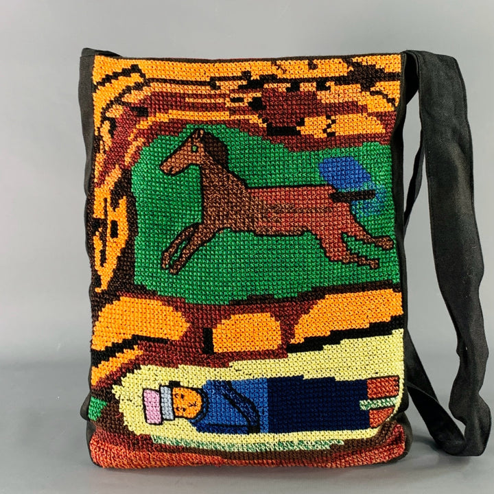 WALTER VAN BEIRENDONCK SS14 Budapest Black Multi Color Embroidered Cotton Crossbody Bag