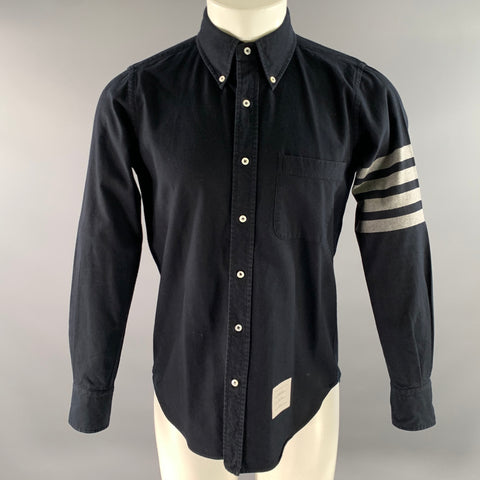 THOM BROWNE Size S Navy Grey Cotton Arm Stripe Long Sleeve Shirt