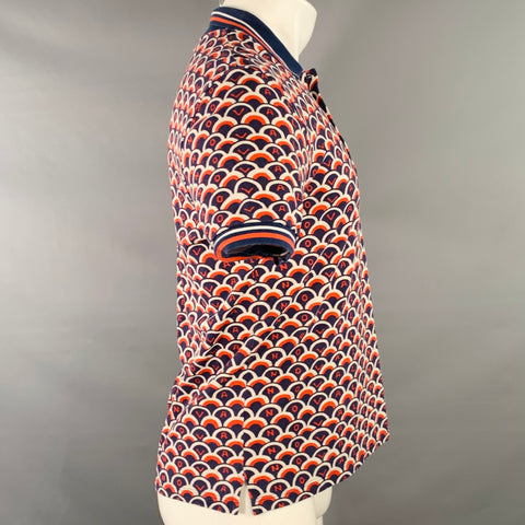 VALENTINO Size M Navy Orange White Fishscale Logo Cotton Pique Buttoned Polo