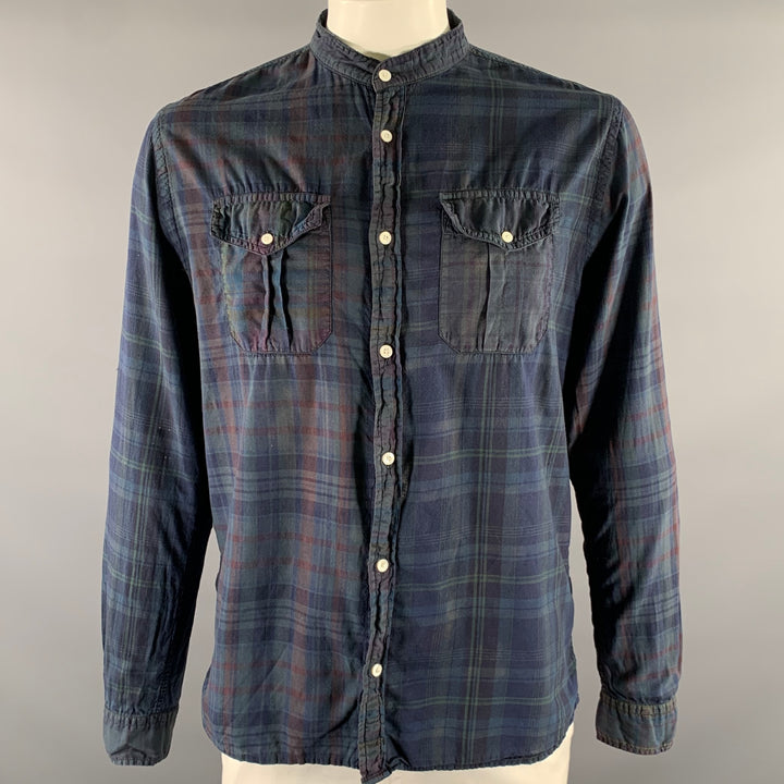 WOOLRICH Size L Navy Green Plaid Cotton Band Collar Long Sleeve Shirt