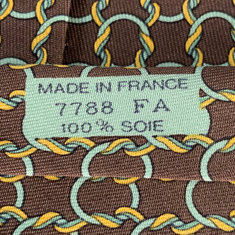 HERMES Brown Green Woven Silk 7788FA Tie