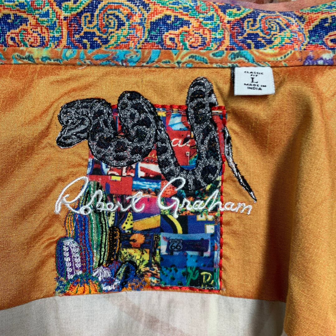ROBERT GRAHAM Talla L Camisa de manga larga de algodón con estampado de arte abstracto multicolor