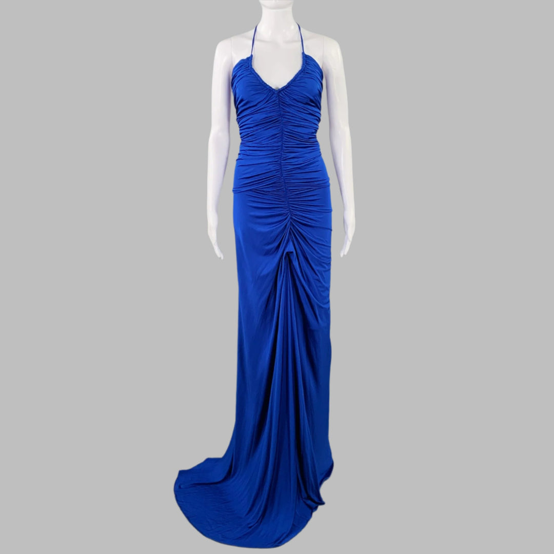 HALSTON Size 0 Blue Cobalt Ruched Halter Long Evening Gown