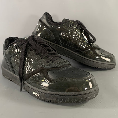 DIOR Size 10.5 Black Logo Patent Leather Low Top Sneakers
