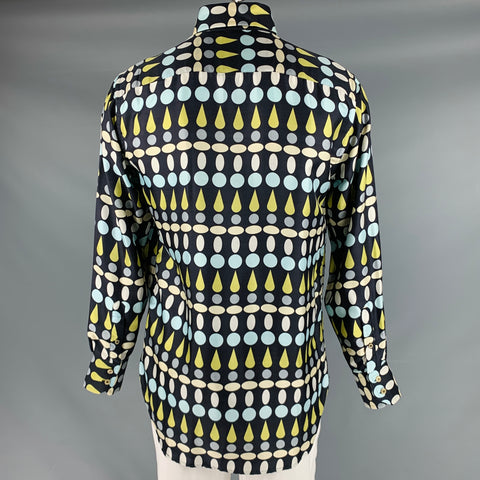 GENE MEYER Size L Black White Green Geometric Silk Button Down Long Sleeve Shirt