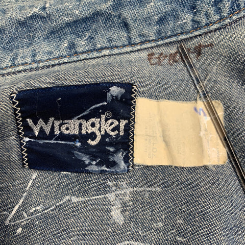WRANGLER Size XS Blue White Denim Paint Splatter Western Raw Edge Snaps Long Sleeve Shirt