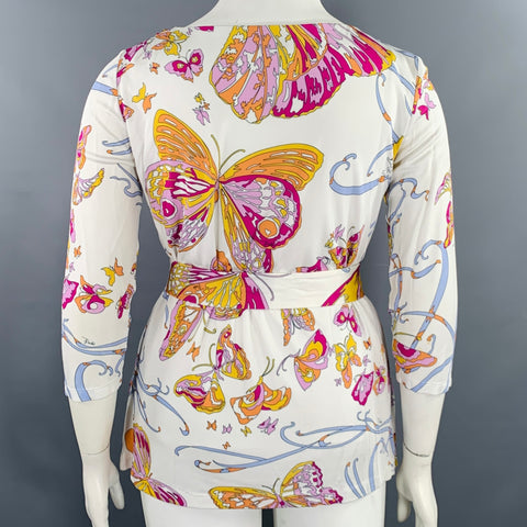 EMILIO PUCCI Size 12 White Pink Butterflies 3/4 Sleeves Casual Top