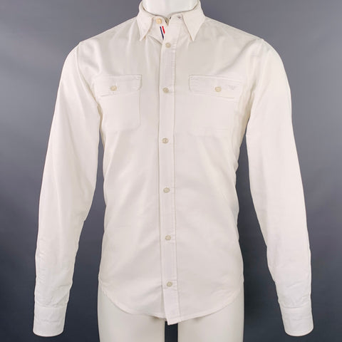 ARMANI JEANS Size S White Light Blue Cotton Elbow Patches Long Sleeve Shirt