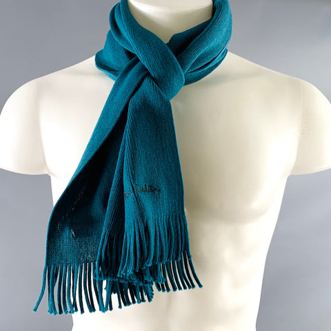 PAUL SMITH Blue Teal Knit Virgin Wool Fringe Scarf