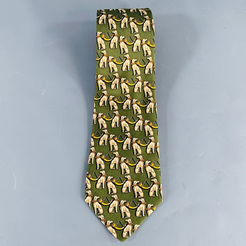 SALVATORE FERRAGAMO Green Beige Dogs Silk Tie