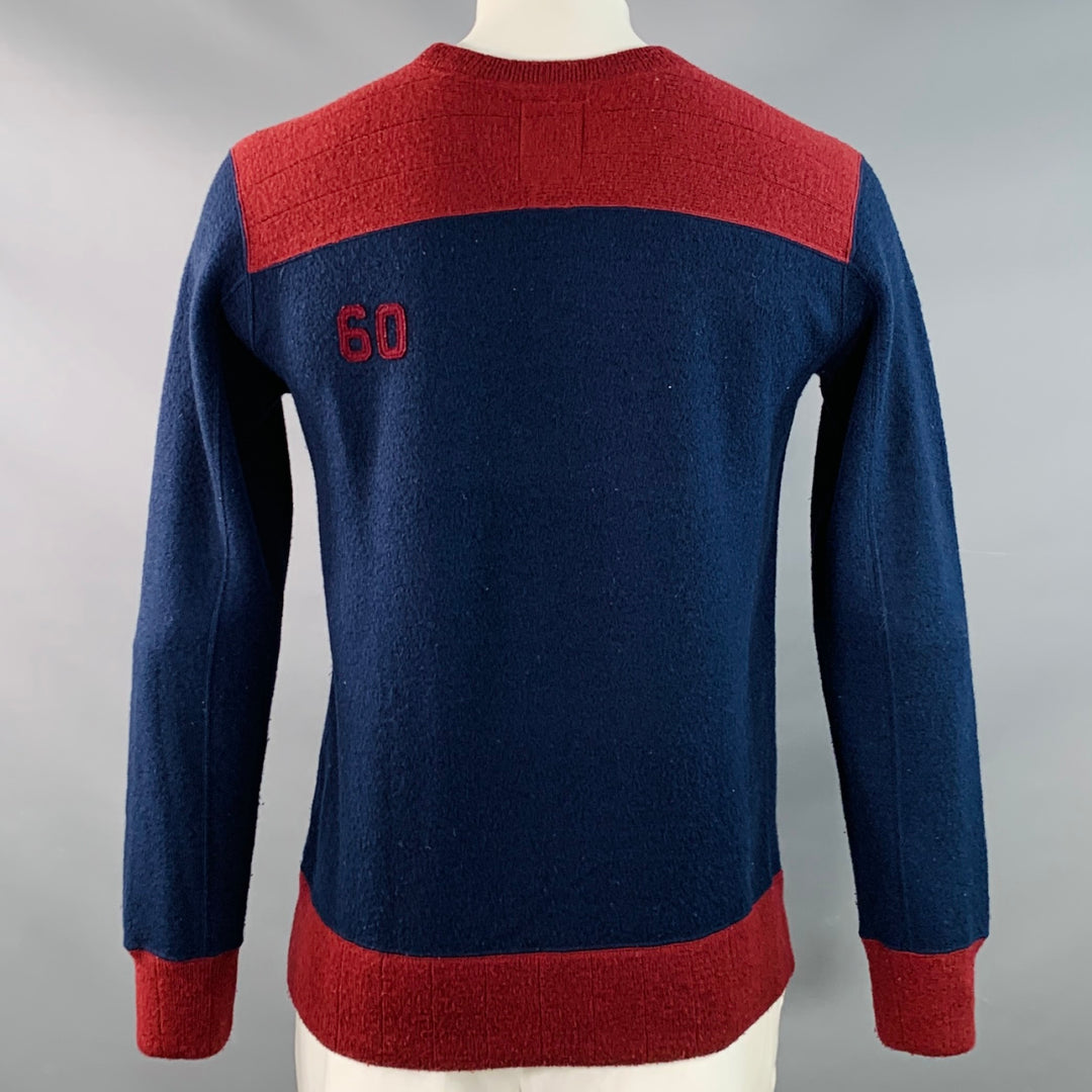 VISVIM Size L Navy Burgundy Color Block Wool Crew Neck Sweater