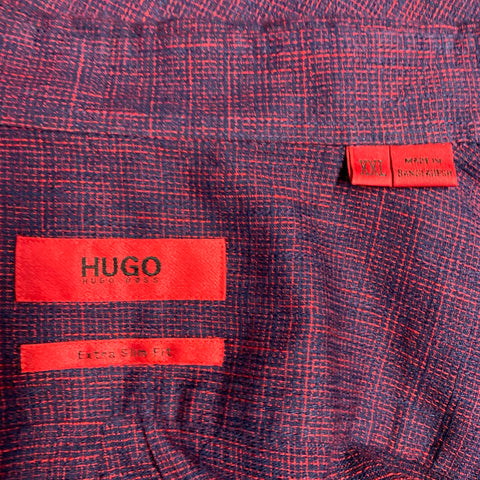 HUGO by HUGO BOSS Size XXL Burgundy Blue Woven Cotton Long Sleeve Shirt
