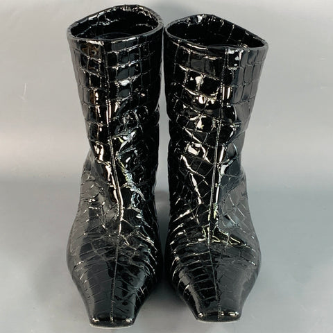 KHAITE Size 9.5 Black Alligator Patent Leather Kitten Heel Ankle Boots