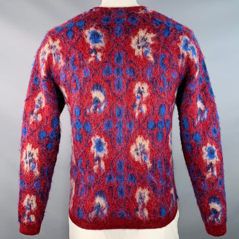 BEAMS Size M Burgundy Blue Abstract Floral Nylon Blend Knit V-Neck Cardigan