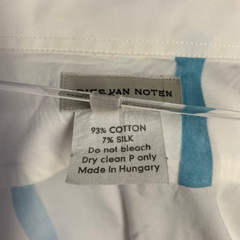 DRIES VAN NOTEN Size 42 White Blue Stripe Cotton Silk Short Sleeve Shirt