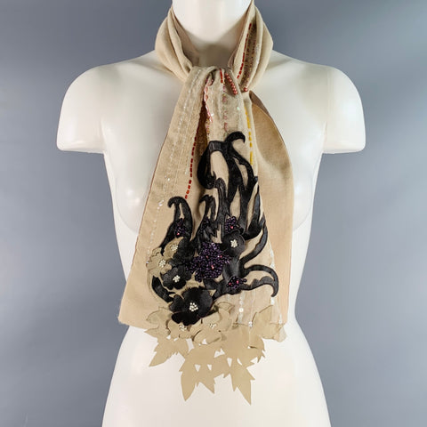 ETRO Beige Multi Color Beaded Leather Wool Silk Sequined Scarf