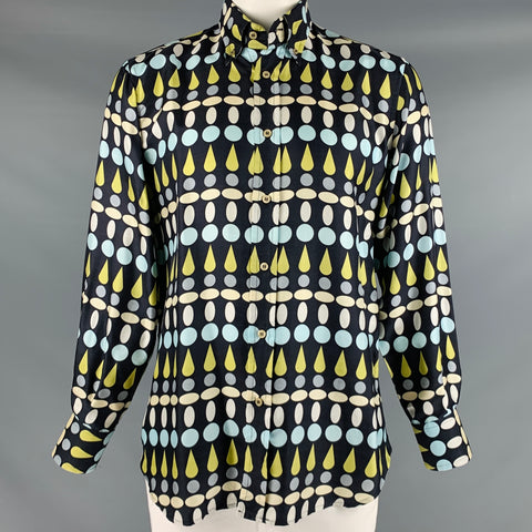 GENE MEYER Size L Black White Green Geometric Silk Button Down Long Sleeve Shirt