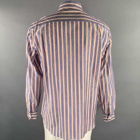 BRIONI Size L Blue Orange White Stripe Linen Long Sleeve Shirt