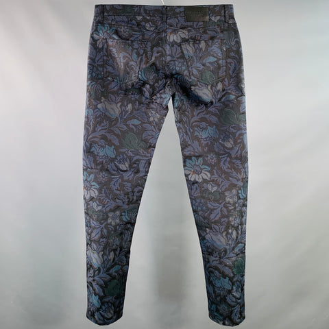 BURBERRY Size 32 Navy Brown Tapestry Polyester Cotton Tapered Slim Jeans