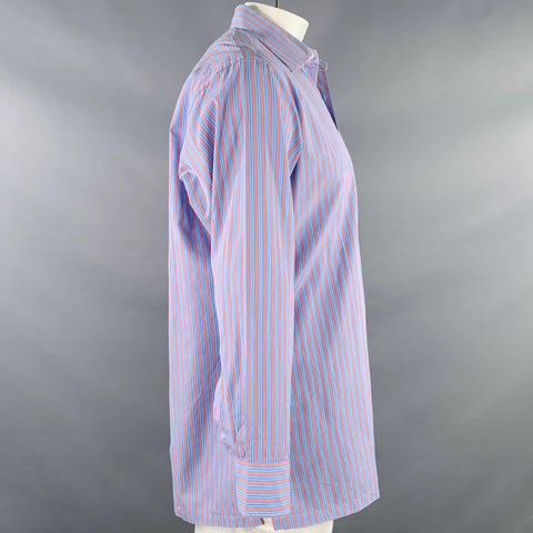 CHARVET Size L Blue Pink Stripe Cotton Curved Cutaway Long Sleeve Shirt