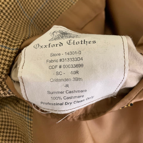 OXFORD CLOTHES Chest Size 40 Regular Tan Blue Nailhead Cashmere Sport Coat