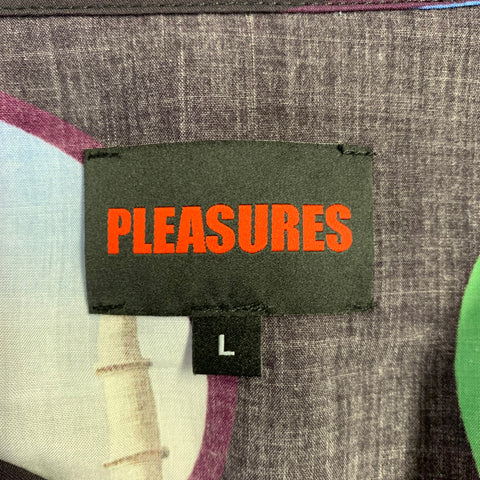 PLEASURES Size L 7 Wonders Black Multi Color Print Rayon Camp Short Sleeve Shirt