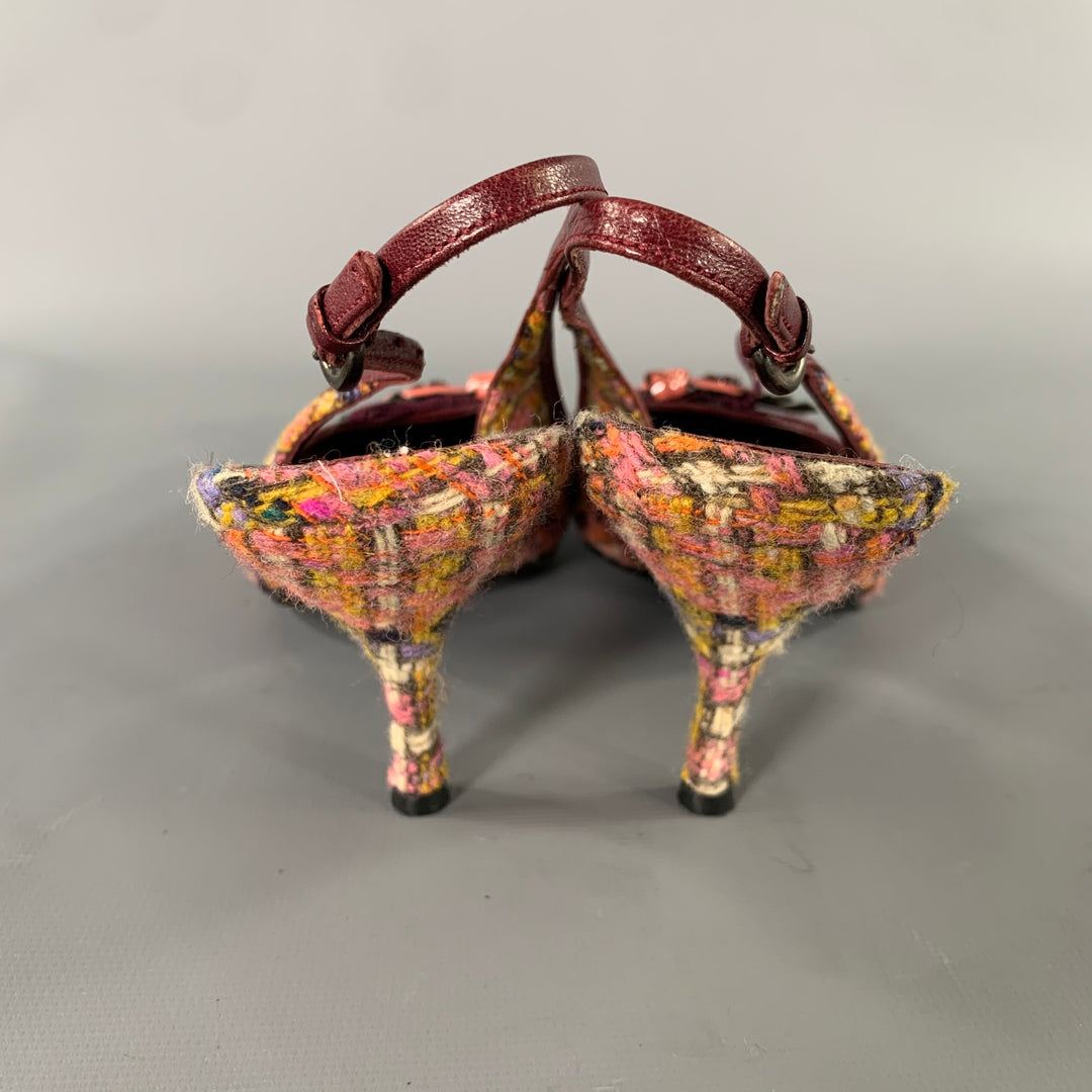 MIU MIU Size 7 Burgundy Wool Tweed Slingback Pumps
