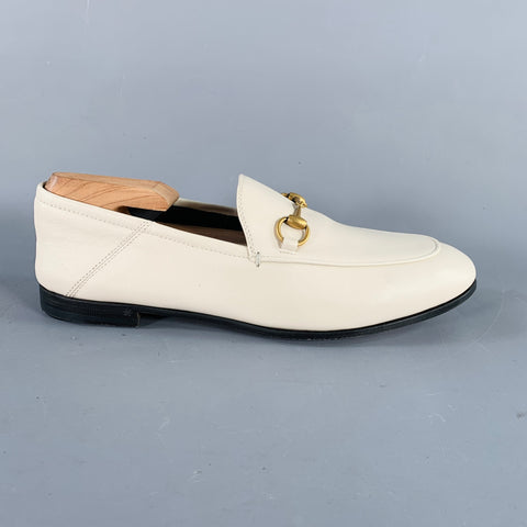 GUCCI Size 8.5 Cream Gold Leather Horsebit Slip On Loafers Flats