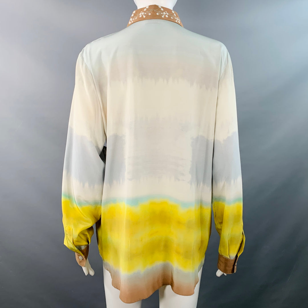 ETRO Size 8 Blue Multi Color Silk Birds Print Contrast Trim Blouse