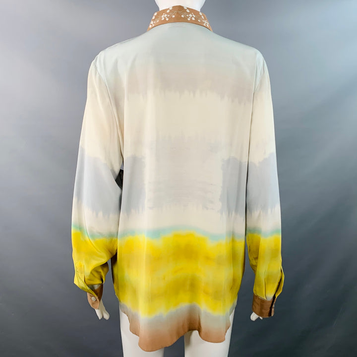 ETRO Size 8 Blue Multi Color Silk Birds Print Contrast Trim Blouse