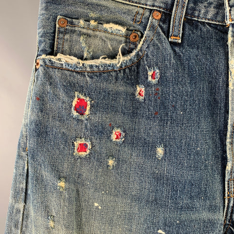 LEVI STRAUSS Size 32 Blue Red Distressed Selvedge Denim Jeans