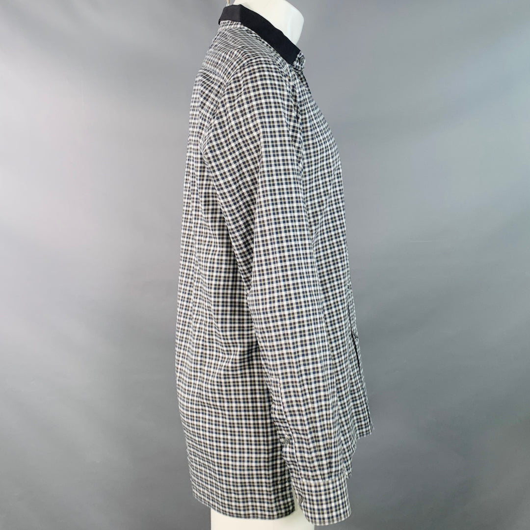 LANVIN Size M Navy Green White Plaid Cotton Contrast Collar Long Sleeve Shirt