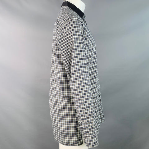 LANVIN Size M Navy Green White Plaid Cotton Contrast Collar Long Sleeve Shirt