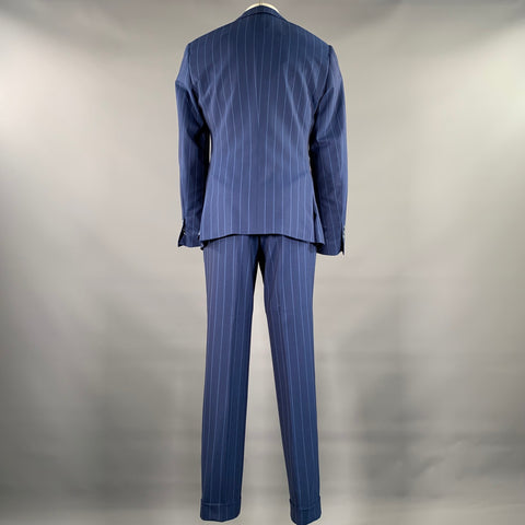 Costume ATELIER MUNRO Laine à Rayures Bleues et Bleu Ciel Revers Pointus Taille 38