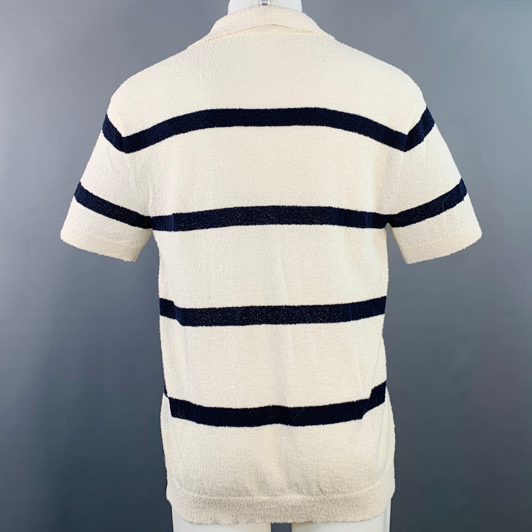 TODD SNYDER Size M Cream Navy Stripe Cotton Blend Terry Polo